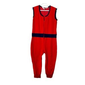 Vintage 80s Jumpsuit Stretchy Jersey Sweatshirt Red/Blue Zip Front Jogger Hem M